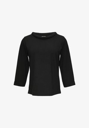 Czarny top z długim rękawem o teksturowanym wzorze, z szerokim dekoltem w kształcie łódki i prostym krojem, z rękawami o długości trzech czwartych i przeszytymi akcentami na krawędzi.