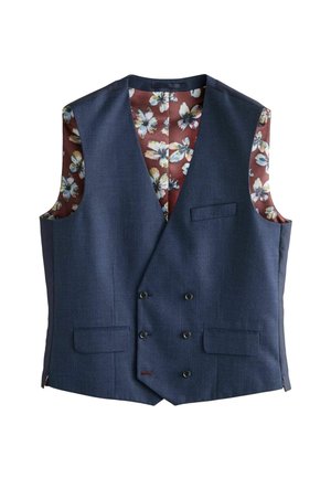 Blue double-breasted vest with flap pockets and floral patterned burgundy inner lining visible at armholes and neckline.
