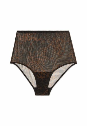 Damesondergoed met hoge taille van meshstof met zwarte en bruine luipaardprint en een effen zwart kruisje op een witte achtergrond.