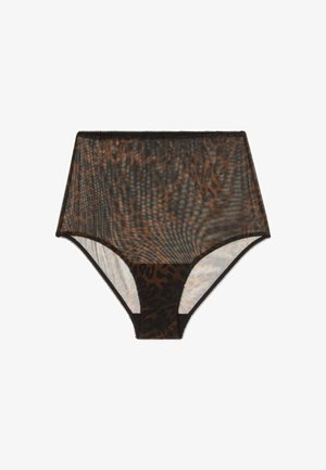 Damesondergoed met hoge taille van meshstof met zwarte en bruine luipaardprint en een effen zwart kruisje op een witte achtergrond.
