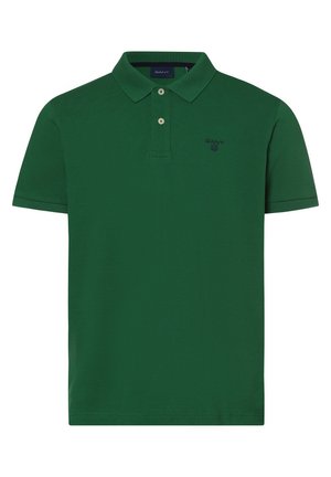 Polo vert à manches courtes avec deux boutons et petit logo brodé sur la poitrine gauche, avec un col classique.