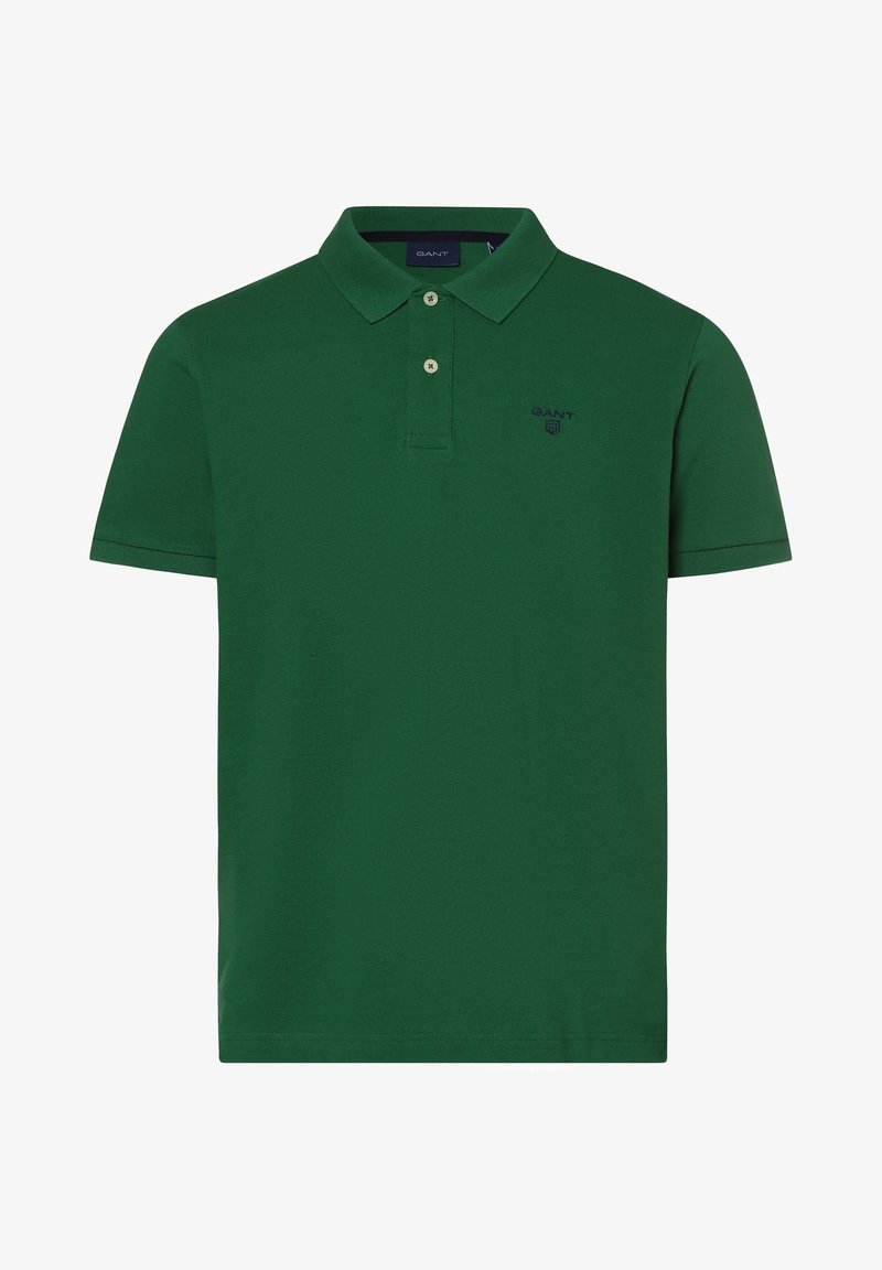 Polo vert à manches courtes avec deux boutons et petit logo brodé sur la poitrine gauche, avec un col classique.
