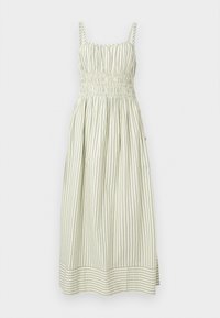 Robe sans manches à rayures vert clair et blanches, avec un bustier froncé et une taille cintrée, une jupe fluide et des rayures horizontales à l'ourlet.