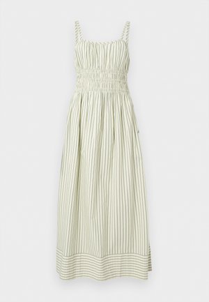 Φόρεμα χωρίς μανίκια με ανοιχτοπράσινες και λευκές ριγέ, με σούρες στο μπούστο και τη μέση, φαρδιά φούστα και οριζόντιες ρίγες στο τελείωμα.