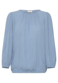 Blouse bleu clair avec un col rond, des manches longues bouffantes et un tissu texturé présentant de petits motifs en relief subtils.