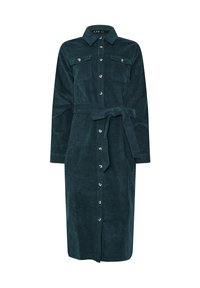 Abito chemisier in corduroy verde teal con maniche lunghe, chiusura frontale con bottoni, due tasche sul petto, vita con cintura e lunghezza fino al ginocchio.