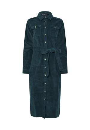 Teal corduroy blousejurk met lange mouwen, knoopsluiting aan de voorkant, twee borstzakken, een ceintuur en een zoom tot op de knie.