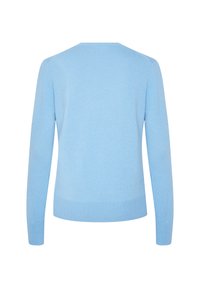 Pull bleu clair, en tissu doux et texturé. Il est doté de manches longues, d'un col rond et d'un ourlet côtelé en bas et aux poignets.
