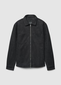 Veste en daim noir avec fermeture éclair à l'avant, col pointu et deux poches poitrine. Caractérisée par des lignes épurées et une texture apparente.