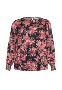 Blouse à manches longues en bleu marine foncé avec un motif floral comportant des pois roses et pêches. Tissu doux, coupe décontractée et manches légèrement froncées.