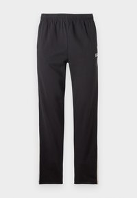 Black athletic pants made of soft cotton blend, featuring an elastic waistband and side stripes, with a small logo on the left leg.