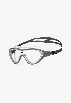 Heldere zwembril met een grijs frame en een verstelbare zwarte band, ontworpen voor watersporten en oogbescherming.