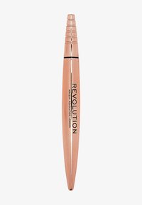 Roze gouden metalen eyeliner in de vorm van een pen met een taps toelopende punt en een zwarte band, met de tekst "REVOLUTION MAKEUP LONDON" gedrukt aan de zijkant.