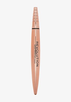 Roze gouden metalen eyeliner in de vorm van een pen met een taps toelopende punt en een zwarte band, met de tekst "REVOLUTION MAKEUP LONDON" gedrukt aan de zijkant.