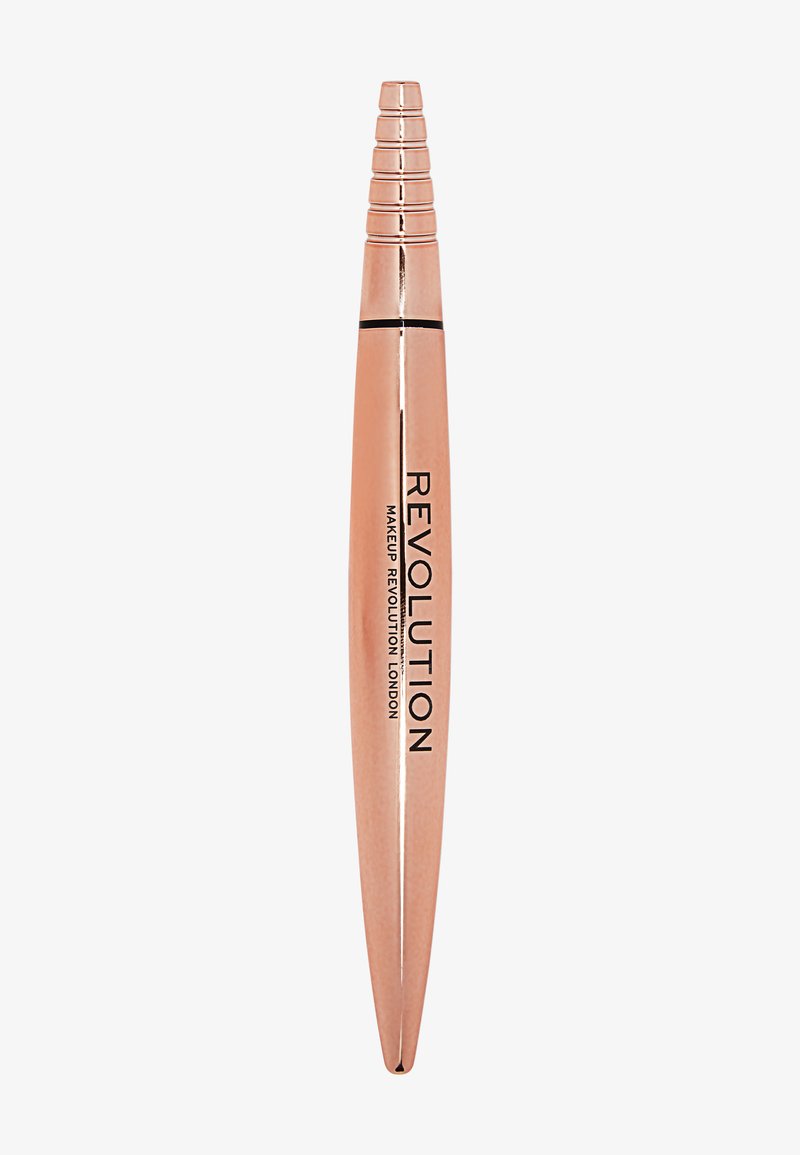 Roze gouden metalen eyeliner in de vorm van een pen met een taps toelopende punt en een zwarte band, met de tekst "REVOLUTION MAKEUP LONDON" gedrukt aan de zijkant.