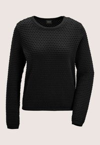 Schwarzer Langarmpullover mit strukturiertem gepunktetem Strickmuster und rundem Ausschnitt, vor einem neutralen Hintergrund präsentiert.