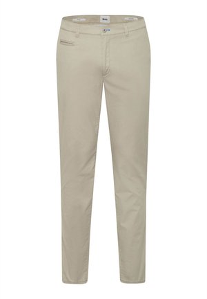 Beige cotton chinos with a slim fit, featuring a front pocket, belt loops, and a single back pocket. Smooth texture and simple design.