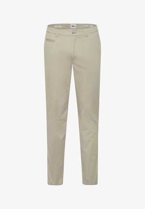 Beige Baumwoll-Chinos mit schmaler Passform, ausgestattet mit einer Fronttasche, Gürtelschlaufen und einer einzelnen Gesäßtasche. Glatte Textur und schlichtes Design.