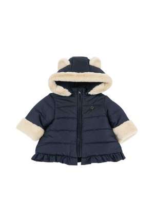 Giacca imbottita blu navy per neonati con rifinitura in ecopelliccia crema su orecchie del cappuccio e polsini, cerniera frontale e orlo arricciato.