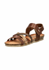Brown leather sandal with woven accents, adjustable strap, flat sole, and textured outsole for grip. Features minimalist design.