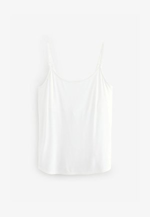Bijela, lagana majica bez rukava s podesivim trakama, okruglim izrezom i mekom, glatkom teksturom. Jednostavan dizajn sa ravnim rubom.