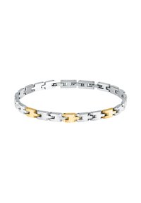 Bracciale in metallo argento con anelli intrecciati e anelli con accent del oro. Superficie liscia e lucente con un design geometrico moderno.