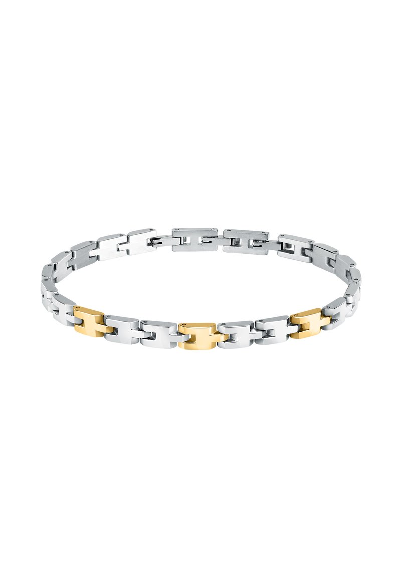 Bracciale in metallo argento con anelli intrecciati e anelli con accent del oro. Superficie liscia e lucente con un design geometrico moderno.