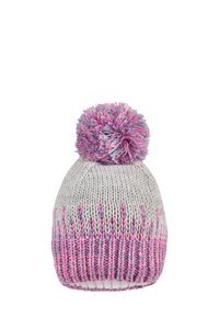Gray knitted beanie with a multi-colored pom-pom on top, featuring a textured pattern and contrasting pink and blue accents on the brim.