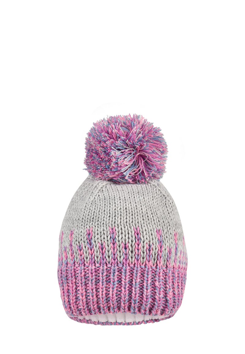Gray knitted beanie with a multi-colored pom-pom on top, featuring a textured pattern and contrasting pink and blue accents on the brim.