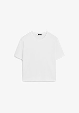 White cropped t-shirt with a round neck and short sleeves, crafted from soft cotton fabric. Smooth texture, no patterns or accents.