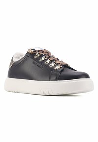 Black leather sneaker with plush lining, white platform sole, and leopard print laces. Features metallic hardware and embossed branding.