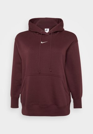 Bordowa bluza z kapturem z kieszenią z przodu, regulowanym kapturem i małym białym logo Nike na klatce piersiowej. Miękki, fakturowany materiał. Długie rękawy.