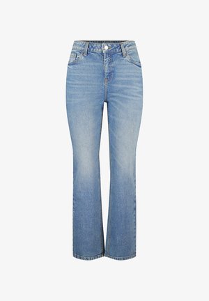 Jean en denim bleu clair avec une taille haute, coupe droite, décoloration subtile et surpiqûres contrastées. Comprend une fermeture à bouton et à zip à l'avant.