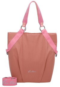 Borsa a tracolla in morbido tessuto rosa con design strutturato, doppie cinghie rosa, hardware argentato e una tracolla rimovibile abbinata con il logo.