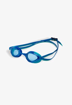 Occhialini da nuoto blu Arena Python Jr. con doppio cinturino regolabile e lenti colorate su sfondo bianco.