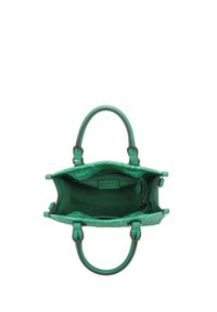 Groene handtas met een textuur aan de buitenkant, dubbele handgrepen aan de bovenkant en een ruime binnenkant met een ritsvak. De binnenvoering is ook groen.