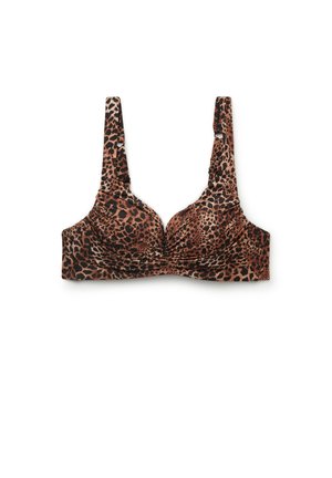 Biustonosz w panterkę z szerokimi regulowanymi ramiączkami i formowanymi miseczkami na białym tle.