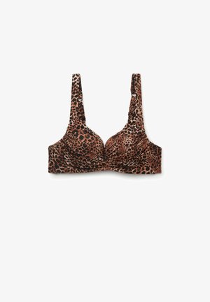 Biustonosz w panterkę z szerokimi regulowanymi ramiączkami i formowanymi miseczkami na białym tle.