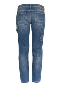 Pantalons en denim d'un bleu moyen, avec deux poches arrière, une poche cargo sur le côté, coupe slim, avec un léger délavage et des détails cousus.