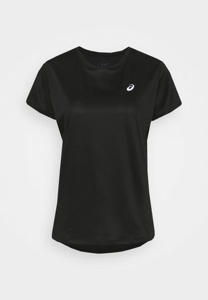 Camiseta atlética negra con cuello redondo, mangas cortas y un sutil logotipo blanco en la parte superior izquierda del pecho. Textura suave.