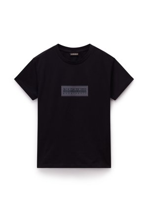 Zwarte katoenen t-shirt met een ronde hals, voorzien van een vlakke, textuurrechthoekige logo in grijs aan de voorkant. Korte mouwen en een standaard pasvorm.