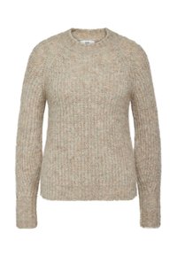 Beżowy sweter dziany o teksturowanym wykończeniu, okrągłym dekolcie i długich rękawach. Miękka tkanina nadaje przytulny wygląd.
