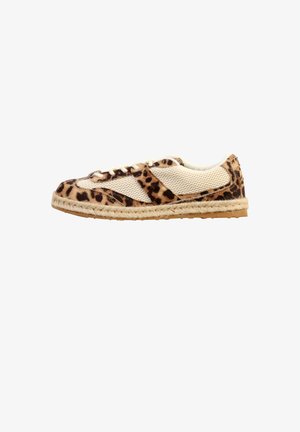 Low-profile sneaker with leopard print suede overlays, beige mesh panels, white laces, and woven jute midsole on a gum sole.
