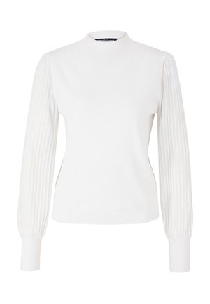 White top with a high neck and long sleeves. Body features a smooth texture; sleeves have vertical ribbed detailing.
