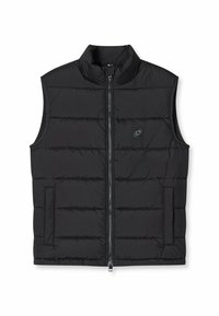 Schwarze isolierte Weste mit hohem Kragen, Reißverschlussfront und gestepptem Muster. Verfügt über zwei seitliche Taschen und ein kleines Logopatch auf der Brust.