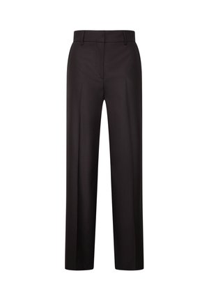 Pantaloni neri a gamba larga con finitura liscia, dotati di una parte frontale piatta, passanti per cintura e due tasche laterali, che offrono una silhouette su misura.