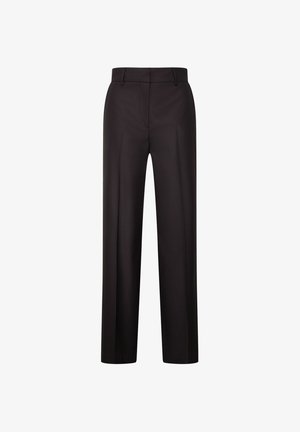 Black, wide-leg trousers with a smooth finish, featuring a flat front, belt loops, and two side pockets, offering a tailored silhouette.