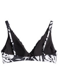 Bikini top s čierno-bielym vzorom a V-krkom, nastavovacími ramienkami a hladkým čiernym vnútorným materiálom. Obsahuje uzáver na háčik na chrbte.