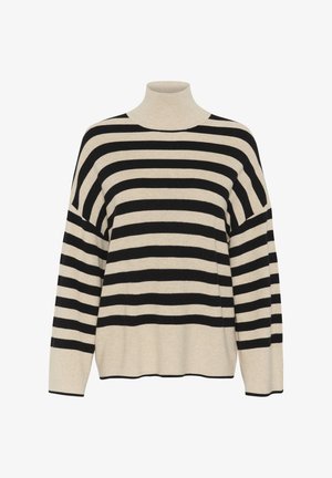 Krēmkrāsas turtlenecks džemperis ar melnām svītrām, ribota tekstūra, brīvs piegriezums, platas piedurknes un taisns apakšmalas griezums. Nav redzamu detaļu vai akcentu.