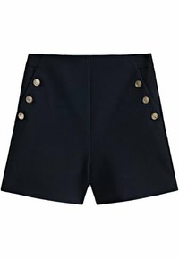 Shorts bleu marine en tissu à texture lisse, ornés de boutons dorés sur le côté gauche. Design ajusté avec des lignes épurées.